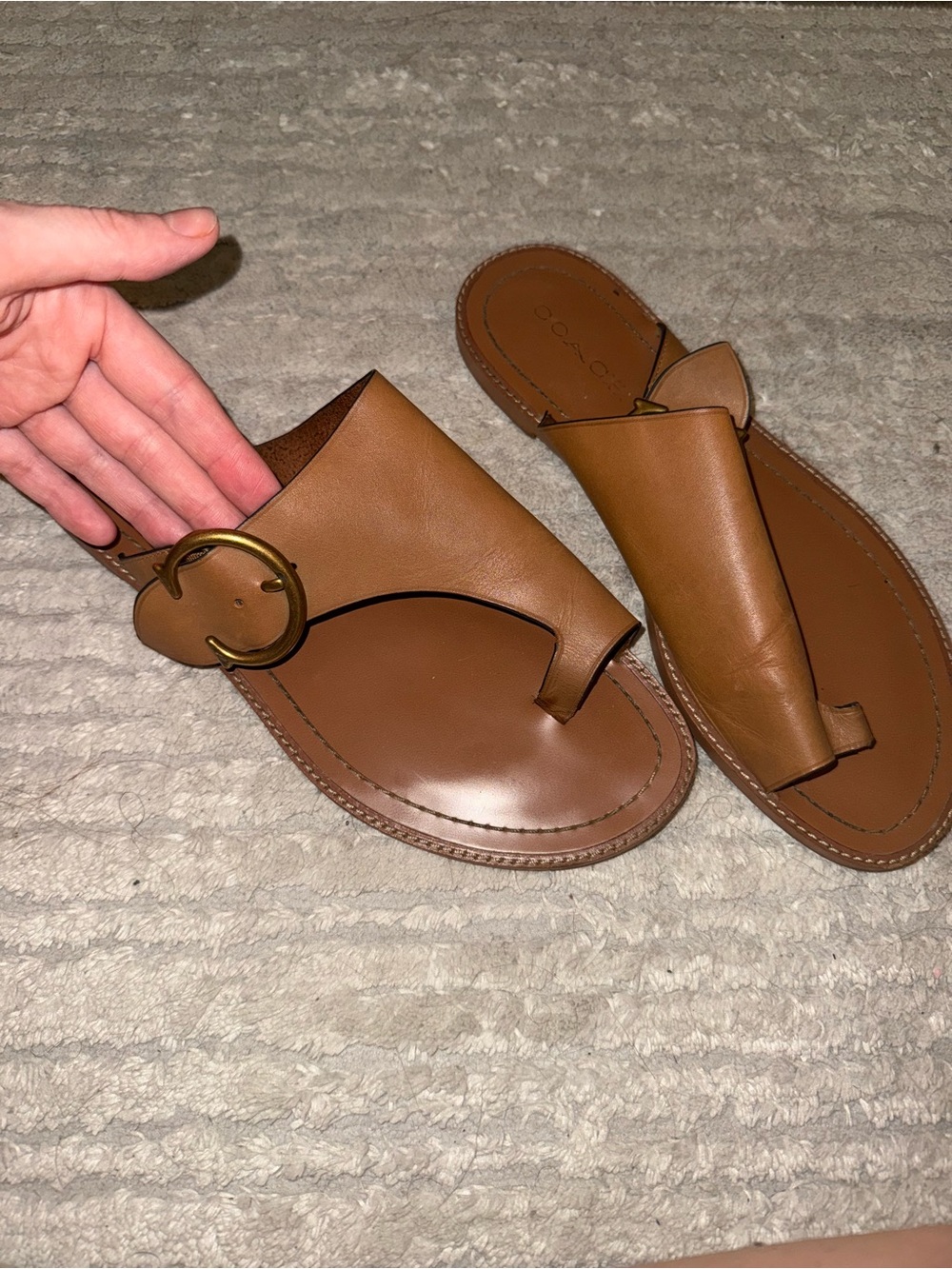 Coach Tan Leather Slide Sandals with Decorative Buckle